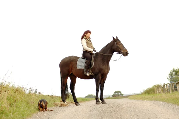 Vrouw zit schrijlings op een paard. — Stockfoto