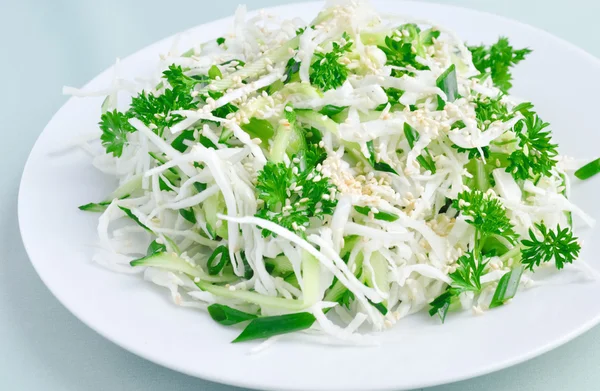 Салат из свежей капусты и огурца с травами и кунжутом — стоковое фото