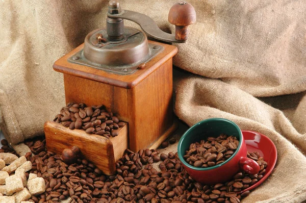 Retro koffiemolen met kop — Stockfoto