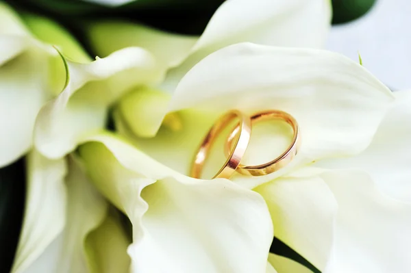 Buquê de noiva e anéis — Fotografia de Stock