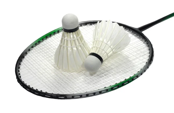 Badmintonschläger mit Volans über Weiß — Stockfoto
