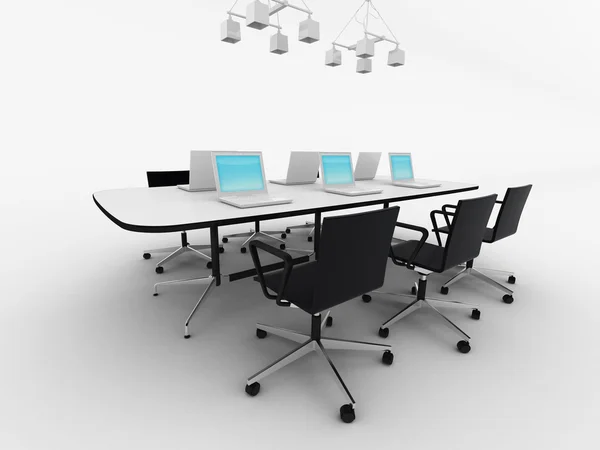 Vergaderings ruimte met veel stoelen en laptops geïsoleerd op wit — Stockfoto