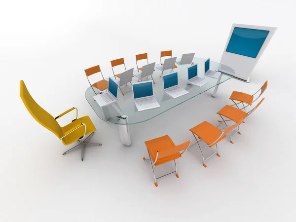 Birçok sandalye ve dizüstü bilgisayarlar üzerinde beyaz izole toplantı odası — Stok fotoğraf