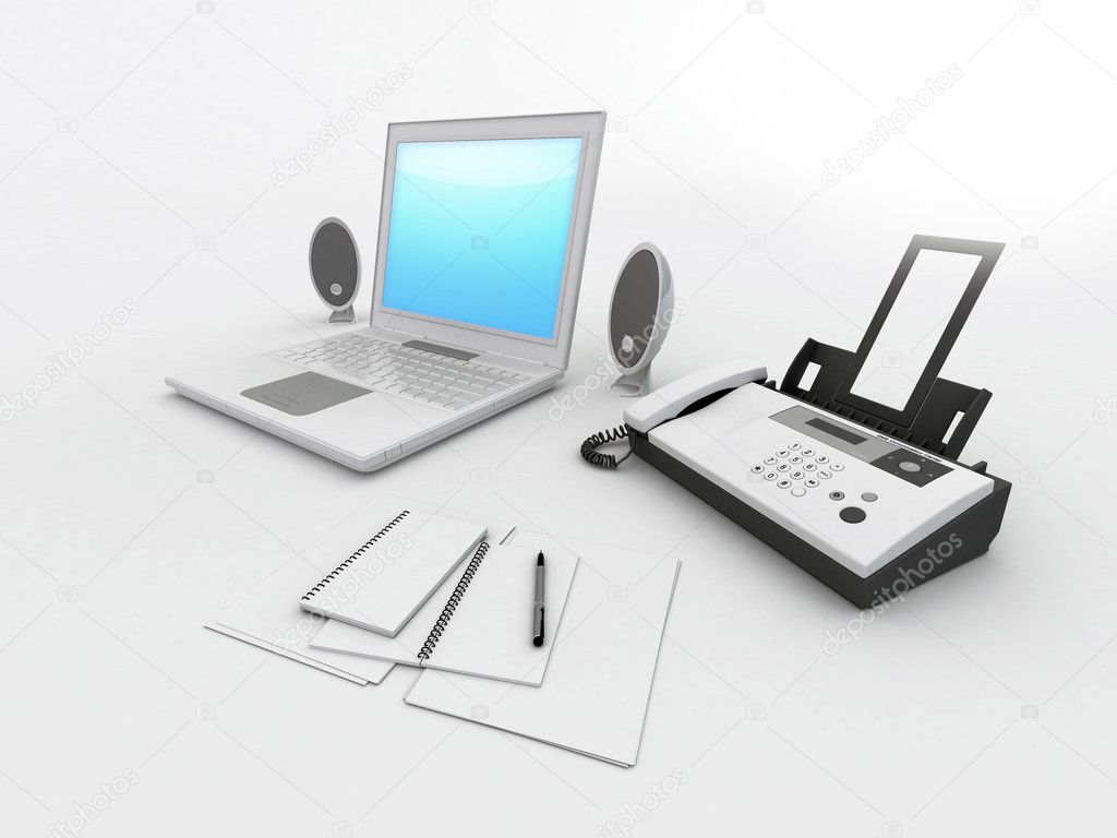 Computer and fax isolated on white