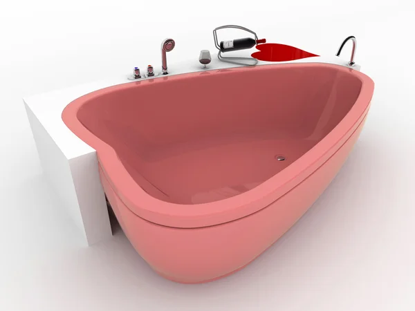 Pink bathtub with glass and bottle of red wine — Stock Photo, Image