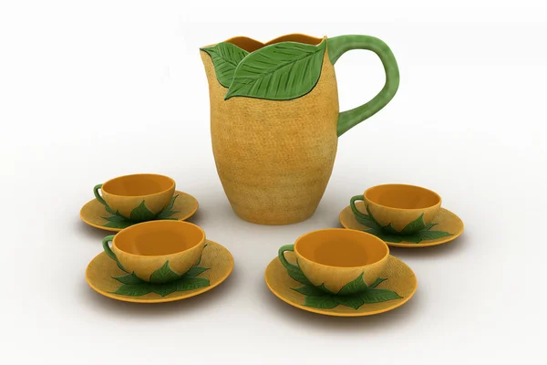 Krásný džbánek a čajové šálky izolované na bílém — Stock fotografie