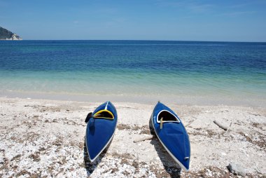 Two kayaks lying on the beach clipart