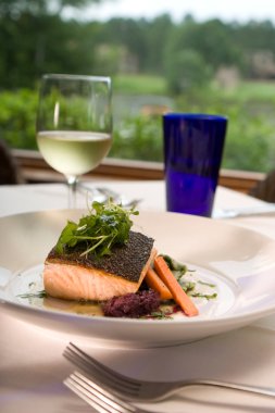 Salmon with Vegetables Served with Wine clipart