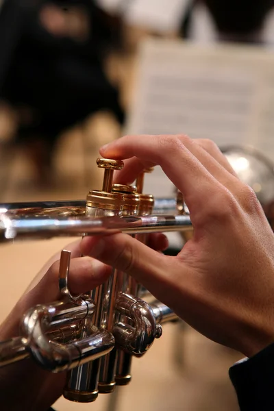 Close-up of Man Playing Trumpet Stock Photo