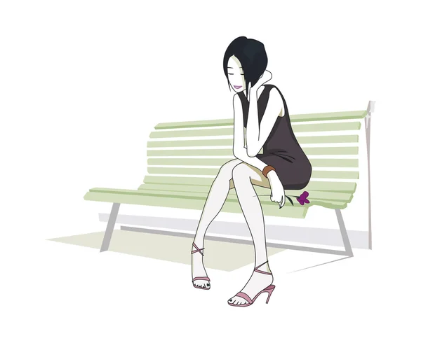 Girl with a flower on the bench — Stock Vector