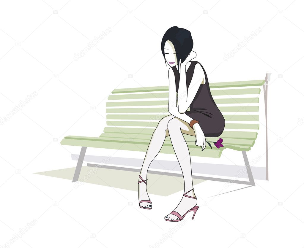 Girl with a flower on the bench