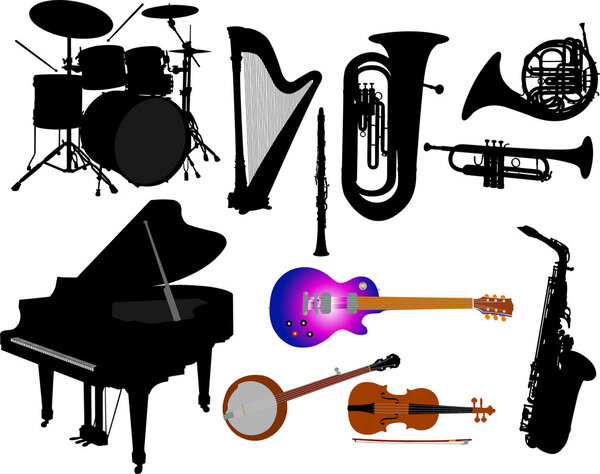 Music instruments vector silhouettes