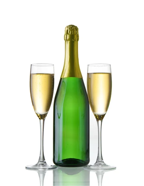 Champagne bottle and glasses — Stock Photo, Image