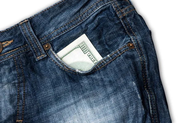 Bolso de jeans com notas de cem dólares — Fotografia de Stock