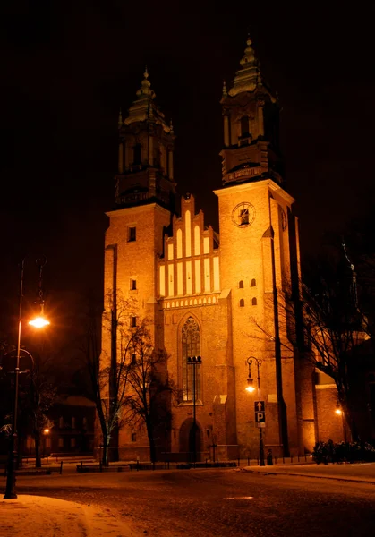 Domkyrka kyrka i Pozna? På natten — Stockfoto