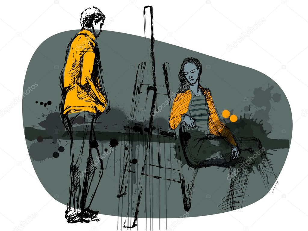 Illustrated girl and boy with grunge background