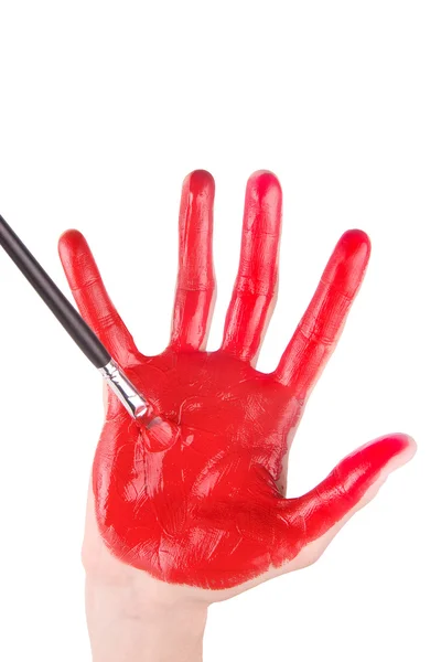 Czerwony dłoń jest malowane na białym — Zdjęcie stockowe