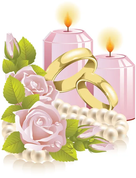 Anéis de casamento com rosa e vela — Vetor de Stock