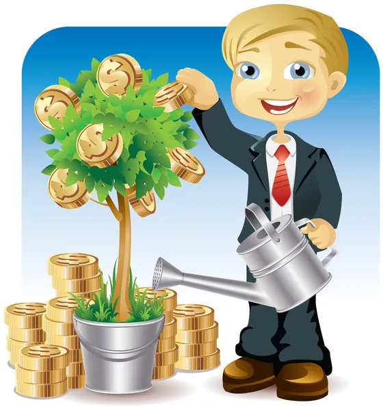 Empresário molhando uma árvore de dinheiro — Vetor de Stock