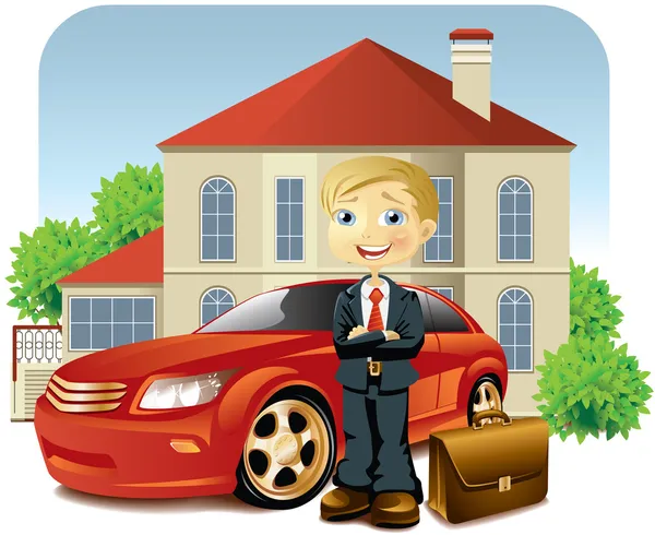 Uomo con la sua macchina e la sua casa Illustrazioni Stock Royalty Free