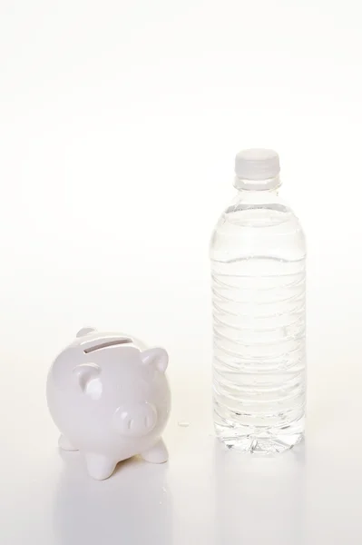 Botella de agua y alcancía aislados en Fotos De Stock
