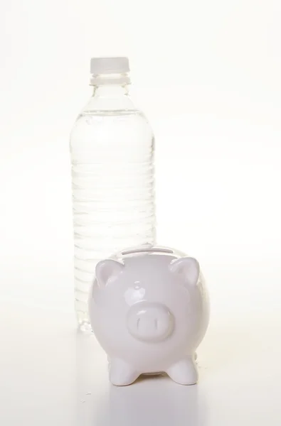 Wasserflasche und Sparschwein isoliert auf lizenzfreie Stockbilder
