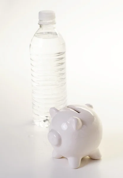 Botella de agua y alcancía aislados en Imagen De Stock