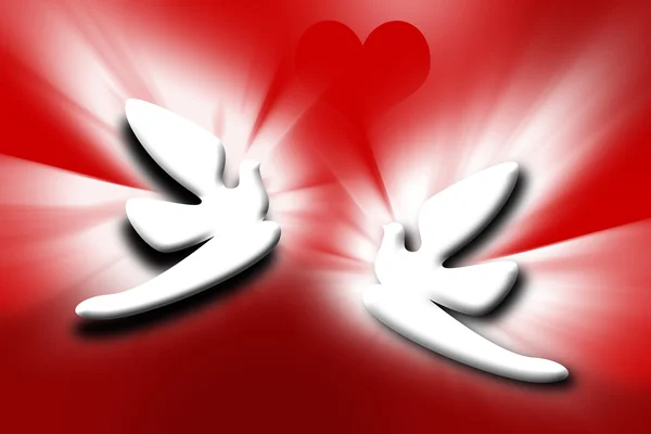 Casal pombas e coração no fundo vermelho — Fotografia de Stock