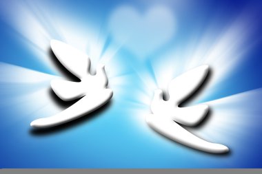 Couple doves and heart over blue clipart