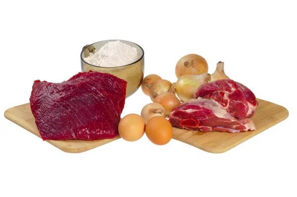 Carne bovina, montone, farina, cipolle e uova . — Foto Stock