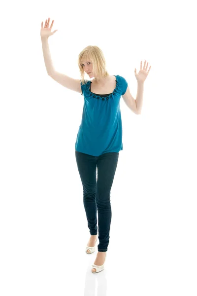 Beautiful teenage girl raising hands up — Stock Photo, Image