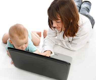 Mother and baby with laptop clipart