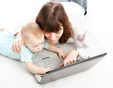 Mother and baby with laptop clipart