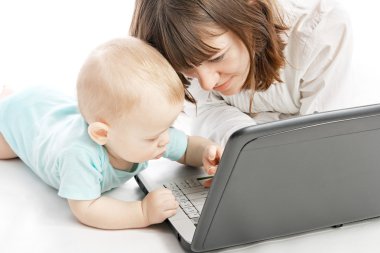 Mother and baby with laptop clipart