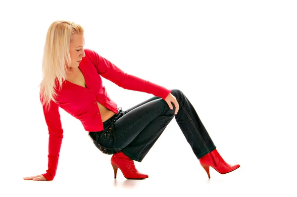 Blonde in red boot — Stock Photo, Image