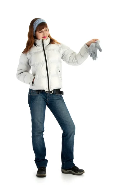 Menina de casaco com luva — Fotografia de Stock