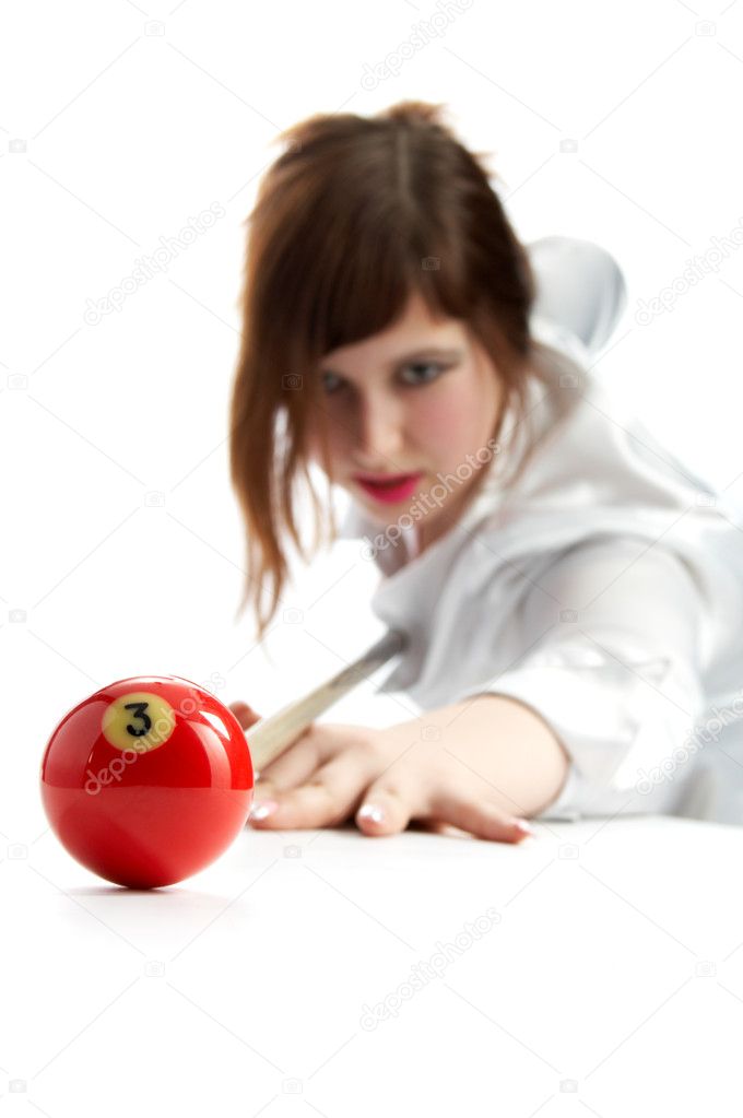 Woman with cue and billiard ball