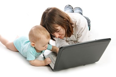 Mother and baby with laptop clipart