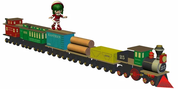 可爱的圣诞精灵与玩具火车 — 图库照片