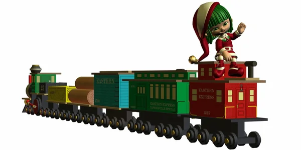Cute Christmas Elf with Toy Train — Stock Photo, Image