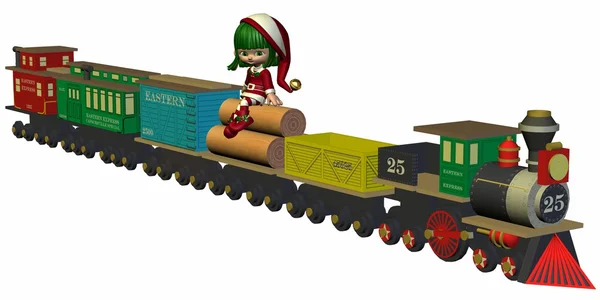 Leuke kerst elf met speelgoed trein — Stockfoto
