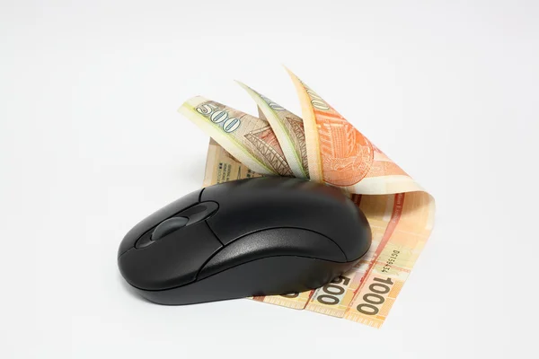 stock image Using money online by mouse
