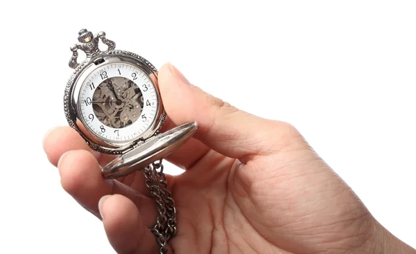 Kieszonkowy zegarek trzymać przez strony — Zdjęcie stockowe