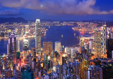 Hong Kong cityscape at night clipart