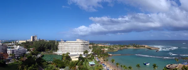 stock image Panoramic Look at Fancy Hotel Grounds And Beach From High Up In