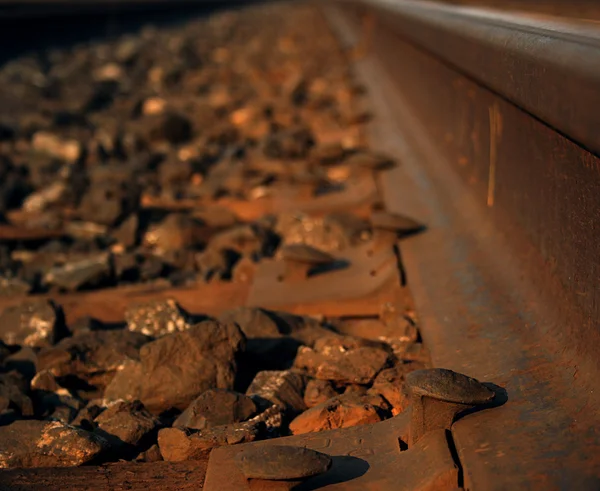 Rusty nagels op een spoor van de spoorweg Rechtenvrije Stockafbeeldingen