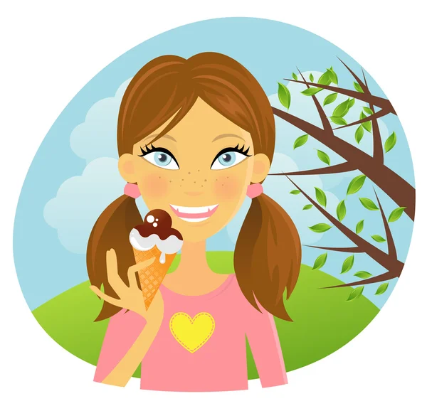 Dziewczynka jedzenie lodów w parku — Wektor stockowy