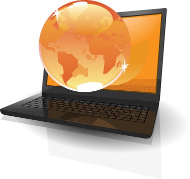 Realistic laptop and orange globe
