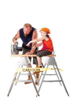 Dad with son and circle saw clipart