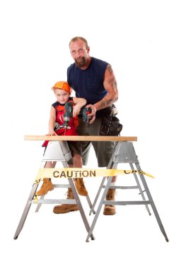 Father teaching son drilling clipart